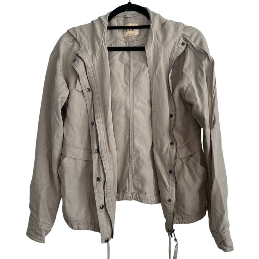 ELIE TAHARI Hooded Utility Jacket Tan Khaki Drawstring Casual Womens